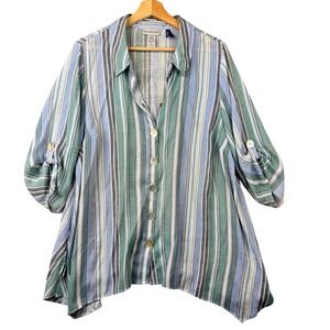 Catherines Plus Petite 0XWP Striped Roll Tab Button Down Sharkbite Hem Shirt